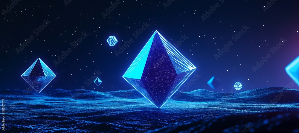 Poster floating neon blue geometric shapes over a dark digital landscape creating an abstract patterned bac