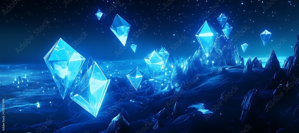 Poster floating neon blue geometric shapes over a dark digital landscape creating an abstract patterned bac