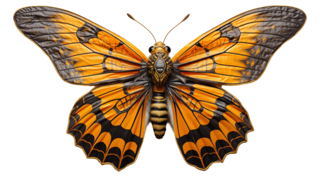 Orange and Black Butterfly Detailed Wing Closeup, Wildlife Art for Nature Themes, isolated on transparent background.