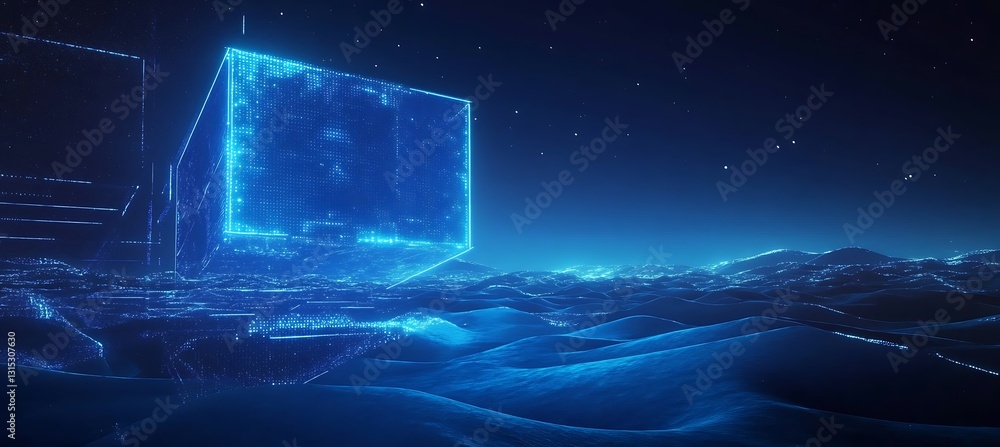 Poster floating neon blue geometric shapes over a dark digital landscape creating an abstract patterned bac