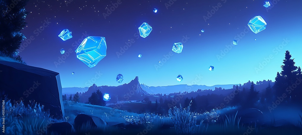 Poster floating neon blue geometric shapes over a dark digital landscape creating an abstract patterned bac
