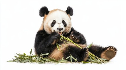 Obraz premium A giant panda munching on bamboo, sitting on the ground with a calm expression, on a white isolated background