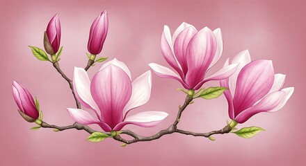 Vibrant Watercolor Border with Emerald Green Leaves Blush Magnolias and Cherry Blossoms for Home Decor and Stationery
