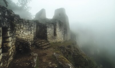Ancient stone ruins shrouded in mist at high elevation