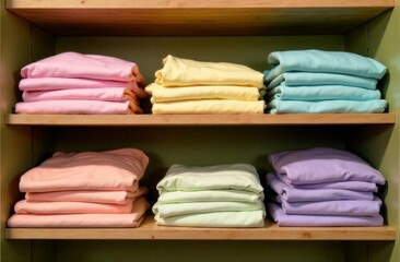 Light, summer clothes in pastel tones and spring shades from the new collection are in the store, stacked on shelves, against the background of an olive wall.