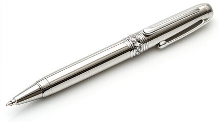 Elegant chrome ballpoint pen on white background