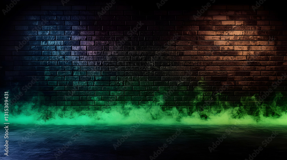 Poster dark empty brick wall illuminated with green smoke and colorful lights creates a moody background wi