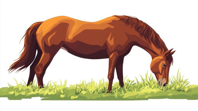 A brown horse grazing in a pasture, with its mane flowing gently, on a white isolated background - Powered by Adobe