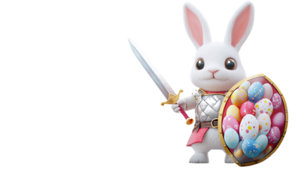 Miniature bunny knight holding a shield and sword made of Easter eggs on a transparent background --ar 16:9