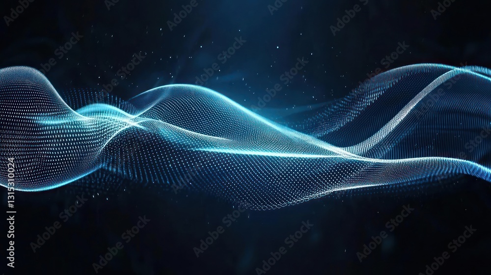 Poster abstract digital waveform with blue particles in dark space technology background