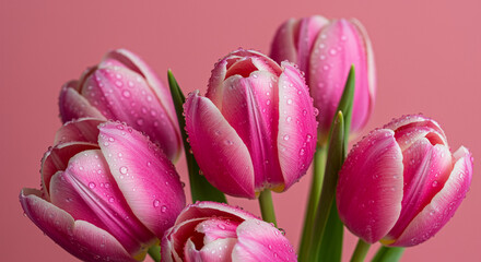 Fototapeta premium Beautiful pink tulips in full bloom against a soft red background, symbolizing love and elegance.