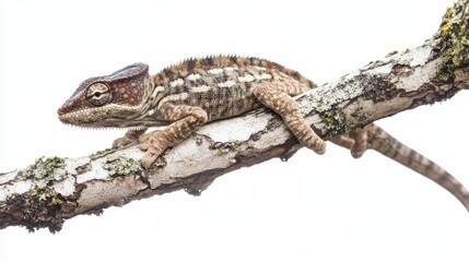 Fototapeta premium A chameleon blending into its surroundings, with its colorful body camouflaged on a tree branch, on a white isolated background