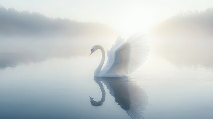 A graceful ballerina swan performing a twirl on a calm lake, with its elegant feathers reflected in the water, on a white isolated background