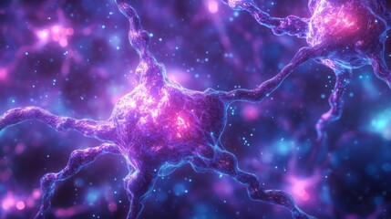 Futuristic glowing neural network with electric impulses in deep space