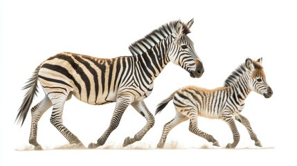 Fototapeta premium A zebra foal running alongside its mother, with its distinctive black and white stripes, on a white isolated background