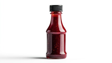 Small red sauce bottle, studio shot, white background, empty