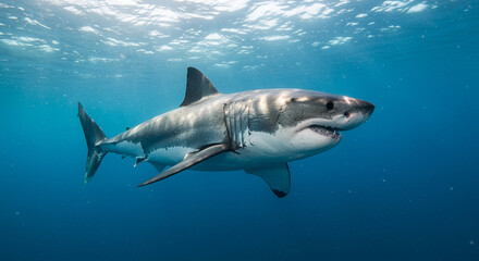 Fototapeta premium Great white shark swimming underwater in crystal-clear ocean, showcasing its powerful presence.