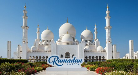 A stunning mosque set against a clear blue sky with multiple domes including a large central dome and two tall minarets there is a sign with the text Ramadan Kareem written in blue elegant font