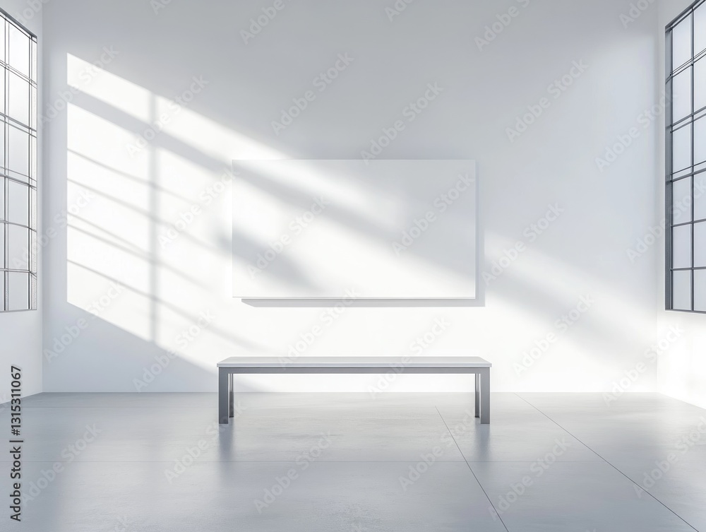 Poster empty white gallery space with a blank canvas and bench. sunlight streams in through large windows