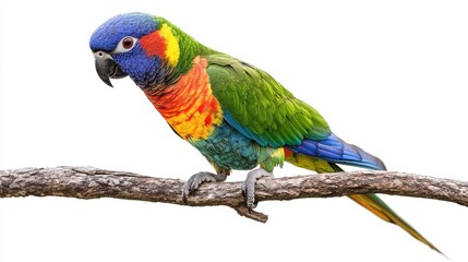 Naklejka premium A colorful parrot perched on a tree branch, with its bright green, blue, and red feathers standing out, on a white isolated background