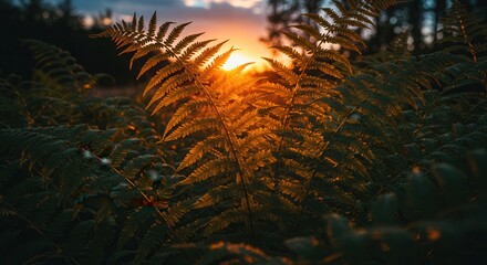 Ferns Glowing in the Sunset Sunlight Creating Warm and Natural Scene