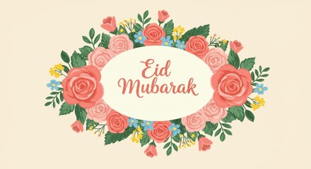 Obraz premium A floral wreath for Eid arrangement of flowers including roses and coral and green leaves are arranged in a circle shape center of the floral arrangement the text Eid Mubarak is written Watercolor