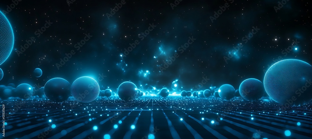 Poster blue neon orbs floating in a cosmic digital matrix – a futuristic background with a starry backdrop