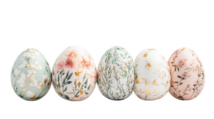 Pastel-colored Easter eggs with delicate floral patterns and gold accents on a white background --ar 16:9