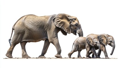 Fototapeta premium A family of elephants walking together across the African savannah, with the sun setting in the background, on a white isolated background