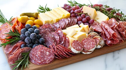 Charcuterie board with an assortment of sliced cured meats, cheeses, fresh grapes, strawberries, and berries on a wooden platter. Vibrant presentation for entertaining or snacking. Generative by AI