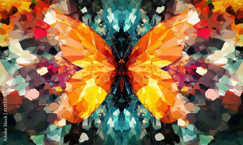 Poster colorful kaleidoscope effect with shards transforming into a butterfly design, showcasing bright col