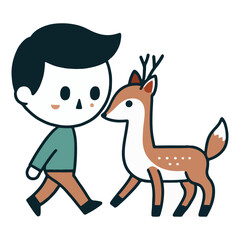 Cartoon boy walking with deer cute illustration artwork vector