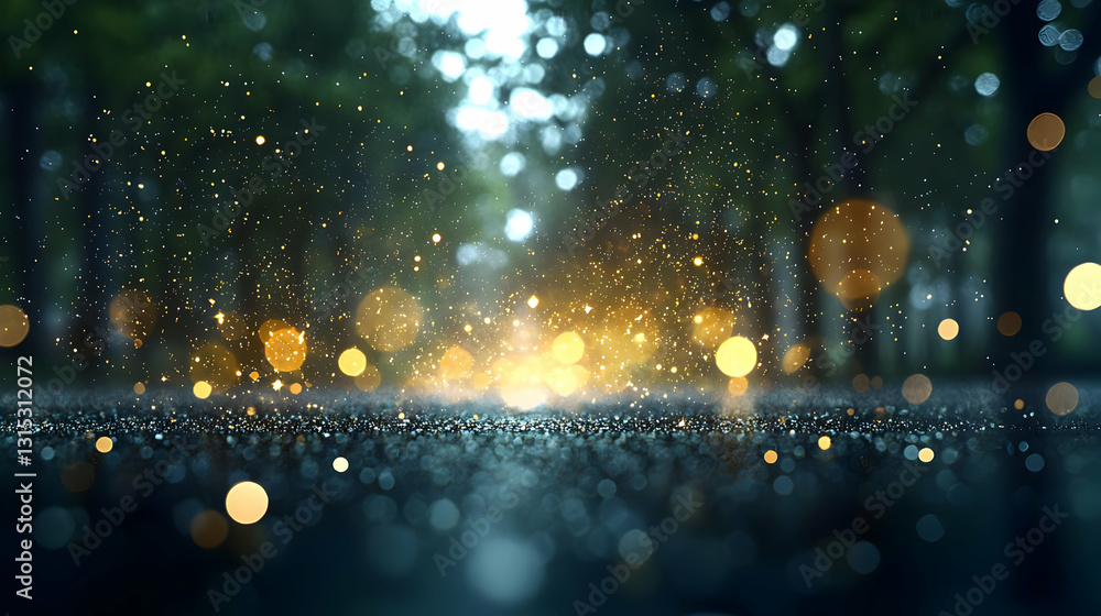 Aufkleber golden sparkle and shimmering bokeh lights on a blurred dark forest background with soft focus