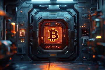 Illuminated bitcoin symbol in a futuristic, industrial environment with high-tech details