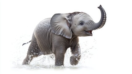 Obraz premium A baby elephant splashing in the water, with its trunk raised in the air, on a white isolated background
