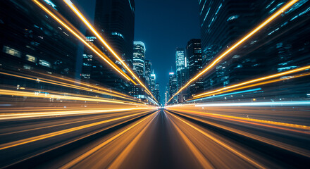 Dynamic motion blur of urban night traffic, creating streaks of light in a futuristic cityscape.