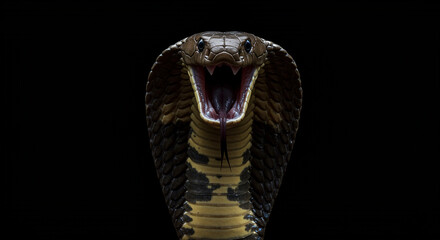 Close-up of a cobra with its hood expanded, showcasing its scales and intimidating posture.