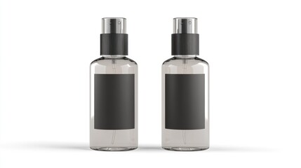 Two clear spray bottles with black labels