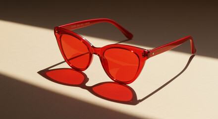 Stylish red sunglasses resting on a minimalist beige background, casting a dramatic shadow.