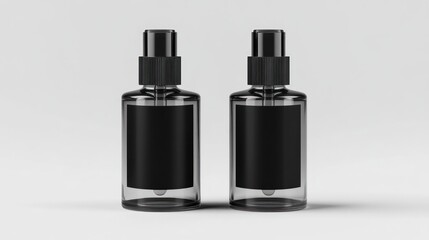 Naklejka premium Two clear glass spray bottles with black labels