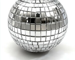 Shimmering Silver Disco Ball Reflecting Light on White Background Glitzy Mirror Ball Decor for Party, Events and Celebrations