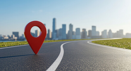 Digital location marker pinpointing a destination on a city highway, symbolizing navigation.
