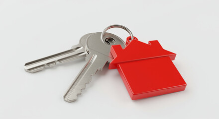House keys with a red keychain in the shape of a home, symbolizing real estate and ownership.