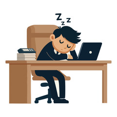 Cartoon Man Sleeping at Desk Illustration of Overwork and Fatigue