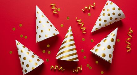 Festive slices of Christmas cake with sprinkles on a vibrant red background.