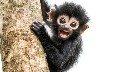 A playful monkey swinging from a tree, with a big grin on its face, on a white isolated background