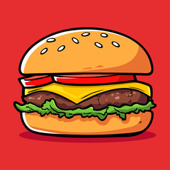 Delicious cartoon cheeseburger illustration on a bright red background. Perfect for food-themed designs, ads, or Logo.