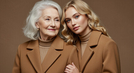 Elegant elderly woman and young model posing in matching brown coats against a neutral background.