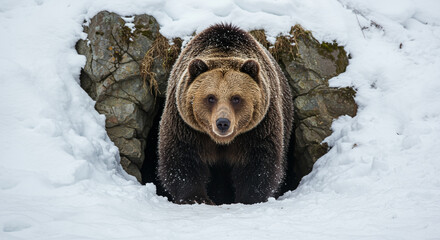 Curious brown bear emerging from a snowy burrow, gazing directly at the camera.
