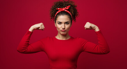 Confident young woman in a red outfit flexing her arms in a power pose against a bold red background.